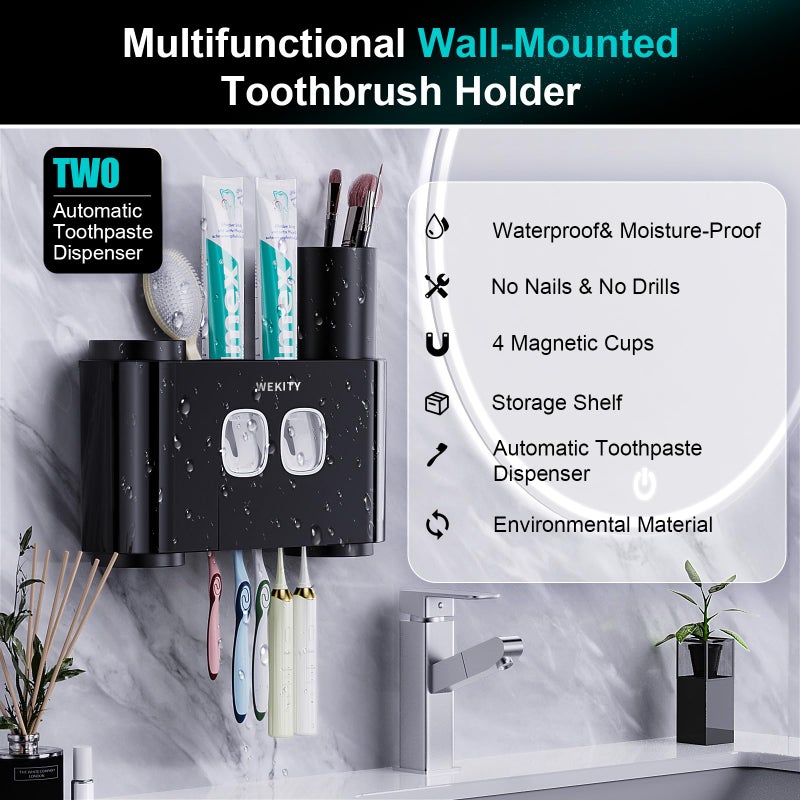 Wekity Toothbrush Holder Wall Mounted  Multi-Functional Toothbrush Holder Toothpaste Dispenser for Bathroom with 5 Toothbrush Slots  2 Toothpaste Squeezers and 4 Cups - Image 3